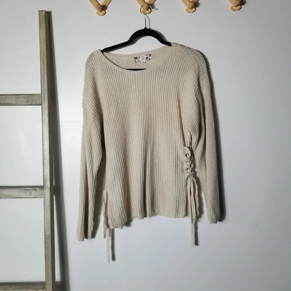 PINK ROSE WOMEN'S CREAM KNIT SWEATER WIT SIDE TIES SIZE LARGE